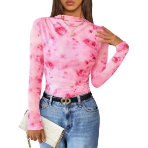 imageZESICA Fall Floral Long Sleeve Tops for Women 2025 Mock Neck Mesh Ruched Slim Fit Going Out T Shirts Trendy BlousesPink