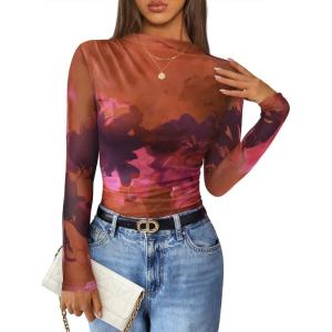 imageZESICA Fall Floral Long Sleeve Tops for Women 2025 Mock Neck Mesh Ruched Slim Fit Going Out T Shirts Trendy BlousesPurple