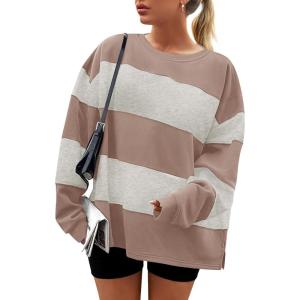 imageZESICA Womens Fall Sweatshirt Tops Crewneck Long Sleeve Loose Oversized Striped Fleece Pullover 2025 ClothesAlmond