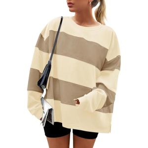 imageZESICA Womens Fall Sweatshirt Tops Crewneck Long Sleeve Loose Oversized Striped Fleece Pullover 2025 ClothesApricot