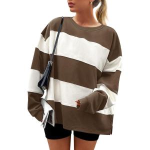 imageZESICA Womens Fall Sweatshirt Tops Crewneck Long Sleeve Loose Oversized Striped Fleece Pullover 2025 ClothesBrown