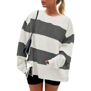 imageZESICA Womens Fall Sweatshirt Tops Crewneck Long Sleeve Loose Oversized Striped Fleece Pullover 2025 ClothesGrey