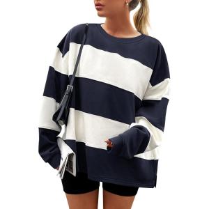 imageZESICA Womens Fall Sweatshirt Tops Crewneck Long Sleeve Loose Oversized Striped Fleece Pullover 2025 ClothesNavy