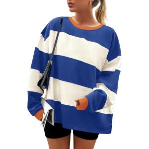 imageZESICA Womens Fall Sweatshirt Tops Crewneck Long Sleeve Loose Oversized Striped Fleece Pullover 2025 ClothesRoyal Blue