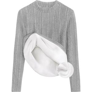 imageZESICA Womens Fleece Sherpa Lined Tops Long Sleeve Mock Neck Knit Thermal Basic Shirts 2025 Fall Winter ClothesGray