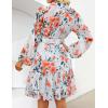 imageZESICA Womens Fall Floral Mini Dress 2025 Long Sleeve Button Down Chiffon A Line Flowy Short Shirt Dresses with BeltWhite