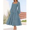 imageZESICA Womens Fall Long Sleeve Maxi Dresses 2025 Square Neck Hollow Out Eyelet Smocked A Line Boho Wedding Guset DressDustyblue