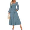 imageZESICA Womens Fall Long Sleeve Maxi Dresses 2025 Square Neck Hollow Out Eyelet Smocked A Line Boho Wedding Guset DressDustyblue