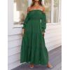 imageZESICA Womens 2025 Boho Sexy Off Shoulder Long Sleeve Smocked High Waist Side Split Flowy A Line Tiered Long Maxi DressDark Green