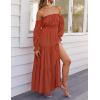 imageZESICA Womens 2025 Boho Sexy Off Shoulder Long Sleeve Smocked High Waist Side Split Flowy A Line Tiered Long Maxi DressRust