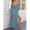 imageZESICA Womens 2025 Boho Sexy Off Shoulder Long Sleeve Smocked High Waist Side Split Flowy A Line Tiered Long Maxi DressTeal