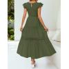 imageZESICA Womens Casual Crew Neck Flutter Sleeve Smocked High Waist Hollow Out Lace Trim Tiered A Line Midi DressArmygreen