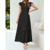 imageZESICA Womens Casual Crew Neck Flutter Sleeve Smocked High Waist Hollow Out Lace Trim Tiered A Line Midi DressBlack