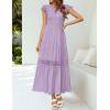 imageZESICA Womens Casual Crew Neck Flutter Sleeve Smocked High Waist Hollow Out Lace Trim Tiered A Line Midi DressLightpurple