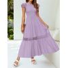 imageZESICA Womens Casual Crew Neck Flutter Sleeve Smocked High Waist Hollow Out Lace Trim Tiered A Line Midi DressLightpurple