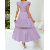 imageZESICA Womens Casual Crew Neck Flutter Sleeve Smocked High Waist Hollow Out Lace Trim Tiered A Line Midi DressLightpurple