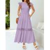 imageZESICA Womens Casual Crew Neck Flutter Sleeve Smocked High Waist Hollow Out Lace Trim Tiered A Line Midi DressLightpurple