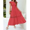 imageZESICA Womens Casual Crew Neck Flutter Sleeve Smocked High Waist Hollow Out Lace Trim Tiered A Line Midi DressWatermelon