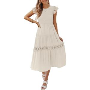 imageZESICA Womens Casual Crew Neck Flutter Sleeve Smocked High Waist Hollow Out Lace Trim Tiered A Line Midi DressApricot