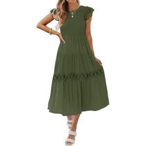 imageZESICA Womens Casual Crew Neck Flutter Sleeve Smocked High Waist Hollow Out Lace Trim Tiered A Line Midi DressArmygreen
