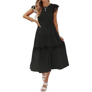 imageZESICA Womens Casual Crew Neck Flutter Sleeve Smocked High Waist Hollow Out Lace Trim Tiered A Line Midi DressBlack