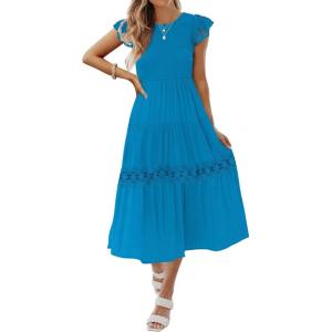 imageZESICA Womens Casual Crew Neck Flutter Sleeve Smocked High Waist Hollow Out Lace Trim Tiered A Line Midi DressCobaltblue