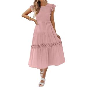 imageZESICA Womens Casual Crew Neck Flutter Sleeve Smocked High Waist Hollow Out Lace Trim Tiered A Line Midi DressDarkpink