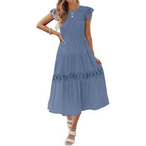 imageZESICA Womens Casual Crew Neck Flutter Sleeve Smocked High Waist Hollow Out Lace Trim Tiered A Line Midi DressDustyblue