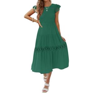imageZESICA Womens Casual Crew Neck Flutter Sleeve Smocked High Waist Hollow Out Lace Trim Tiered A Line Midi DressForestgreen