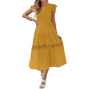 imageZESICA Womens Casual Crew Neck Flutter Sleeve Smocked High Waist Hollow Out Lace Trim Tiered A Line Midi DressGinger
