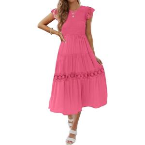 imageZESICA Womens Casual Crew Neck Flutter Sleeve Smocked High Waist Hollow Out Lace Trim Tiered A Line Midi DressHotpink