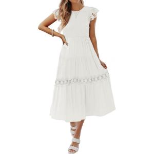 imageZESICA Womens Casual Crew Neck Flutter Sleeve Smocked High Waist Hollow Out Lace Trim Tiered A Line Midi DressIvory
