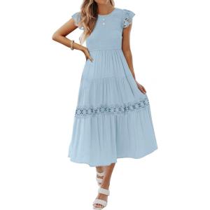 imageZESICA Womens Casual Crew Neck Flutter Sleeve Smocked High Waist Hollow Out Lace Trim Tiered A Line Midi DressLightblue