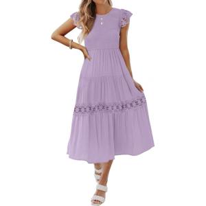imageZESICA Womens Casual Crew Neck Flutter Sleeve Smocked High Waist Hollow Out Lace Trim Tiered A Line Midi DressLightpurple
