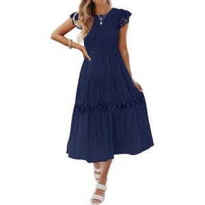 imageZESICA Womens Casual Crew Neck Flutter Sleeve Smocked High Waist Hollow Out Lace Trim Tiered A Line Midi DressNavy