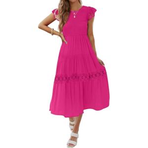 imageZESICA Womens Casual Crew Neck Flutter Sleeve Smocked High Waist Hollow Out Lace Trim Tiered A Line Midi DressRose