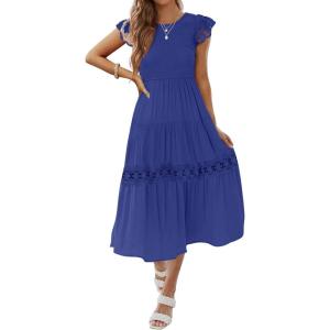 imageZESICA Womens Casual Crew Neck Flutter Sleeve Smocked High Waist Hollow Out Lace Trim Tiered A Line Midi DressRoyalblue