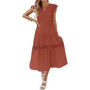 imageZESICA Womens Casual Crew Neck Flutter Sleeve Smocked High Waist Hollow Out Lace Trim Tiered A Line Midi DressRust