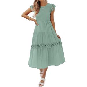 imageZESICA Womens Casual Crew Neck Flutter Sleeve Smocked High Waist Hollow Out Lace Trim Tiered A Line Midi DressSage