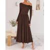 imageZESICA Womens 2025 Fall Long Sleeve Off Shoulder Maxi Dress Pleated Elegant Formal Wedding Guest Dresses with PocketsBrown