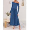 imageZESICA Womens 2025 Fall Long Sleeve Off Shoulder Maxi Dress Pleated Elegant Formal Wedding Guest Dresses with PocketsDustyblue