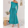imageZESICA Womens 2025 Fall Long Sleeve Off Shoulder Maxi Dress Pleated Elegant Formal Wedding Guest Dresses with PocketsTeal