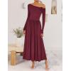 imageZESICA Womens 2025 Fall Long Sleeve Off Shoulder Maxi Dress Pleated Elegant Formal Wedding Guest Dresses with PocketsWine