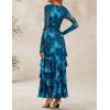 imageZESICA Womens Fall Floral Wedding Guest Bodycon Dresses 2025 Long Sleeve Crewneck Mesh Ruffle Mermaid Party Maxi DressBlue