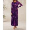 imageZESICA Womens Fall Floral Wedding Guest Bodycon Dresses 2025 Long Sleeve Crewneck Mesh Ruffle Mermaid Party Maxi DressPurple