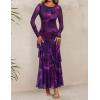 imageZESICA Womens Fall Floral Wedding Guest Bodycon Dresses 2025 Long Sleeve Crewneck Mesh Ruffle Mermaid Party Maxi DressPurple