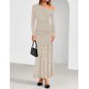 imageZESICA Womens Long Sleeve Off Shoulder Bodycon Dresses Fall 2025 Ruched Lace Wedding Guest Cocktail Formal Maxi DressApricot