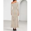imageZESICA Womens Long Sleeve Off Shoulder Bodycon Dresses Fall 2025 Ruched Lace Wedding Guest Cocktail Formal Maxi DressApricot