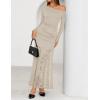 imageZESICA Womens Long Sleeve Off Shoulder Bodycon Dresses Fall 2025 Ruched Lace Wedding Guest Cocktail Formal Maxi DressApricot