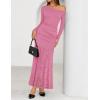 imageZESICA Womens Long Sleeve Off Shoulder Bodycon Dresses Fall 2025 Ruched Lace Wedding Guest Cocktail Formal Maxi DressPink